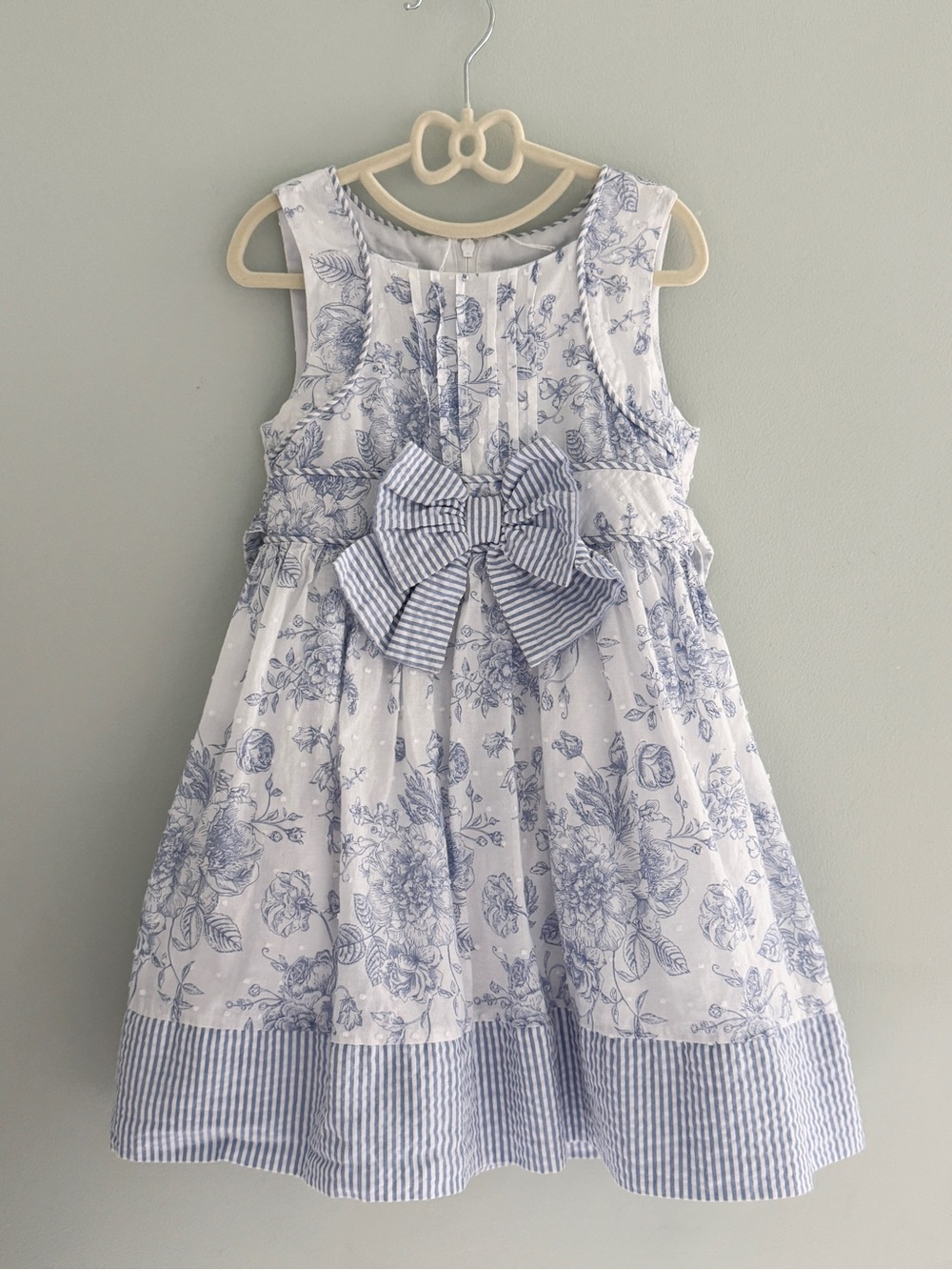 Bonnie Jean White and Blue Floral Striped Bow Dress